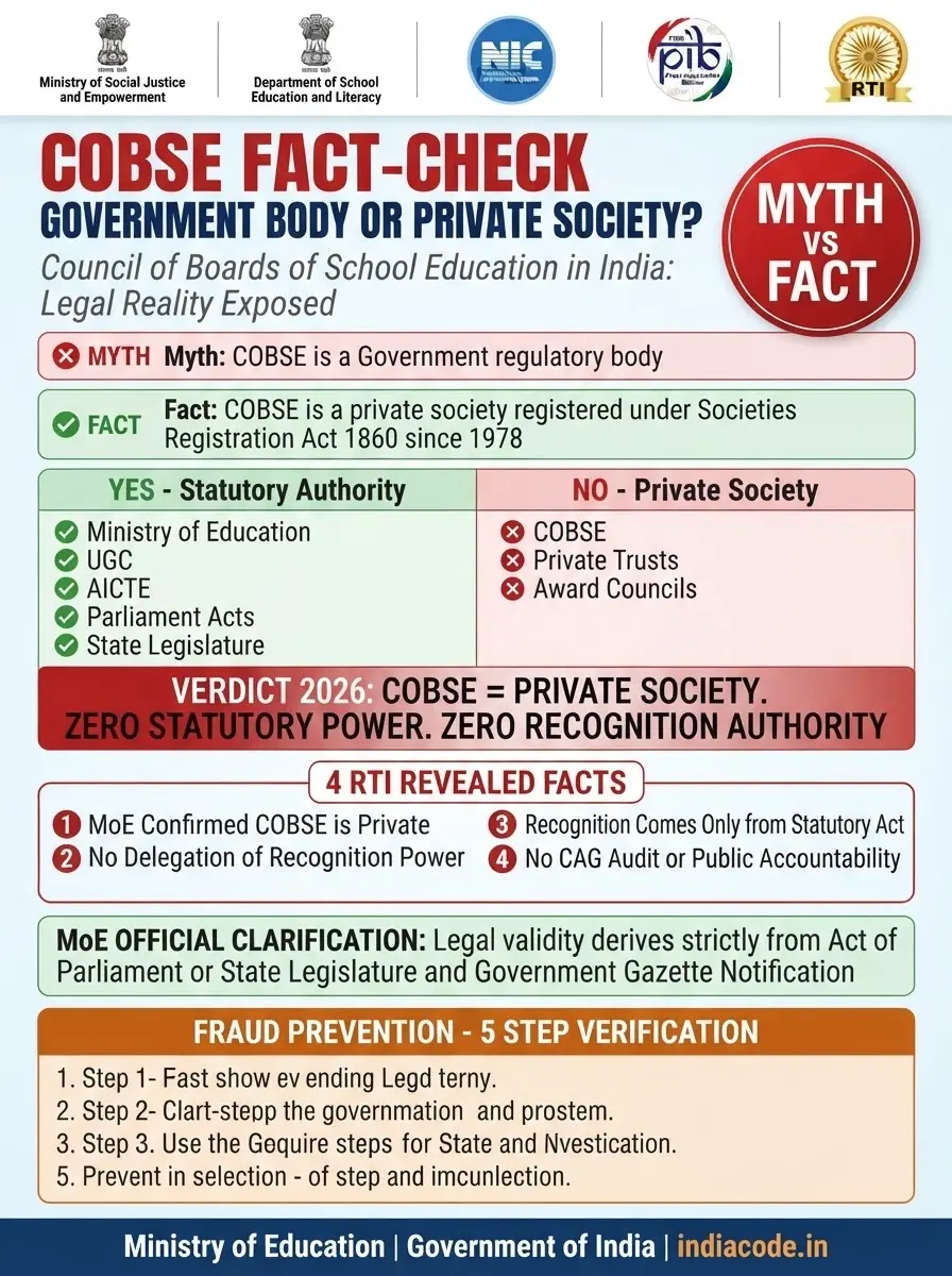 COBSE — Council of Boards of School Education in India: Official Status, Board List, Government Recognition & Legal Reality (Fact-Check 2026-27)